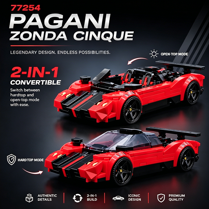 77254 Pagani Zonda Cinque Supercar Building Blocks Set, Compatible with Lego Speed Champions, Collectible Sports Car Model Kit with Driver Minifigure, Gift for Car Enthusiasts and Kids Ages 8+
