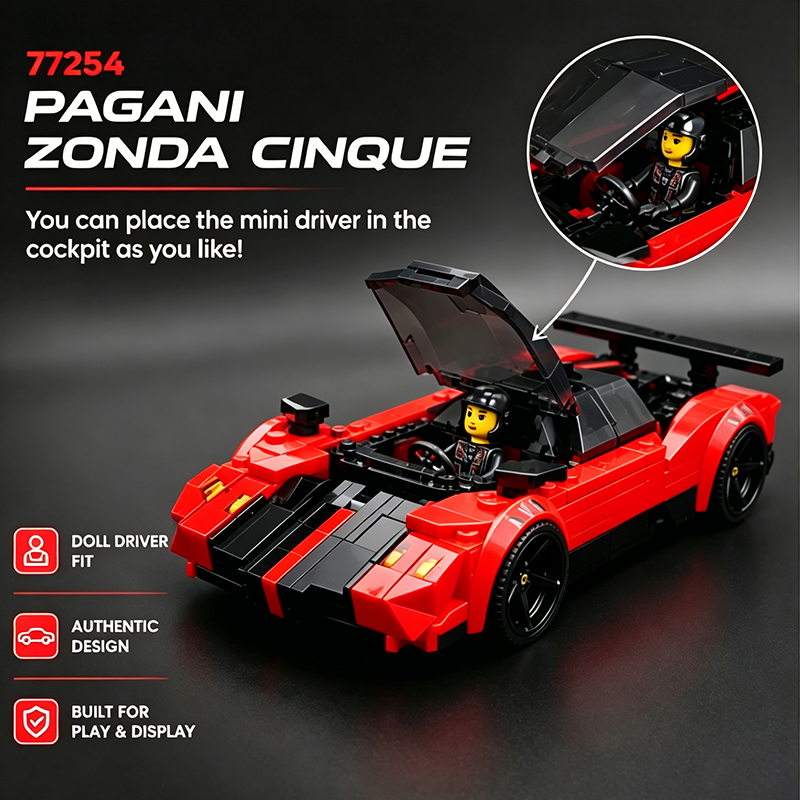 77254 Pagani Zonda Cinque Supercar Building Blocks Set, Compatible with Lego Speed Champions, Collectible Sports Car Model Kit with Driver Minifigure, Gift for Car Enthusiasts and Kids Ages 8+