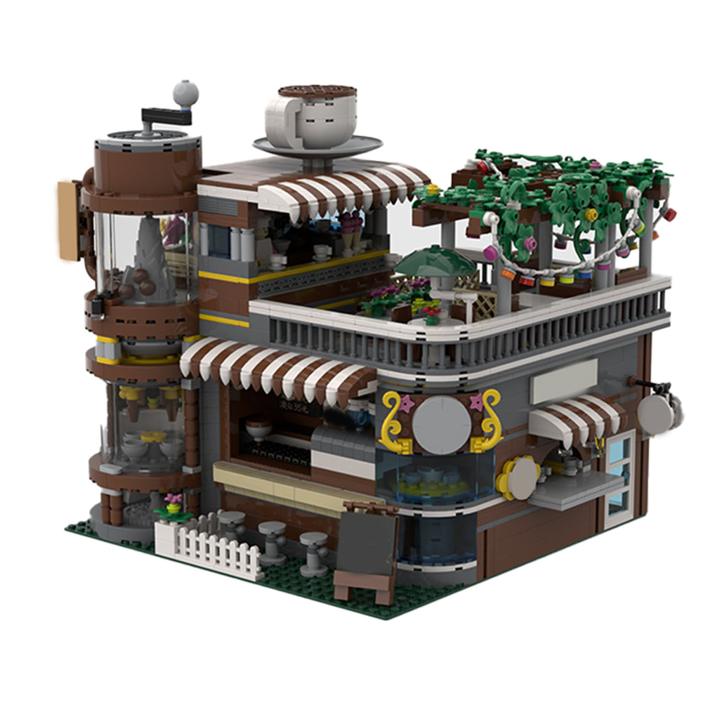 2565PCS Lego-Compatible Corner Coffee Workshop MOC Building Set | 3-Story Floral Street View