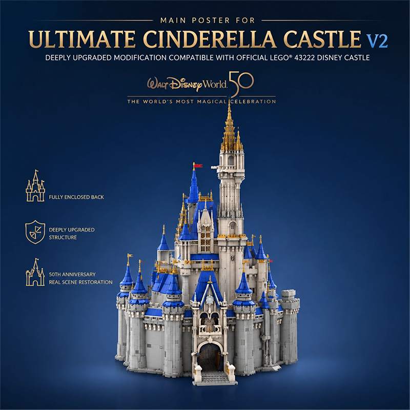 Ultimate Cinderella Castle V2 Building Set | 9573 PCS | Fully Compatible with LEGO 43222 Disney Castle | Upgraded Modification for Adults and Collectors