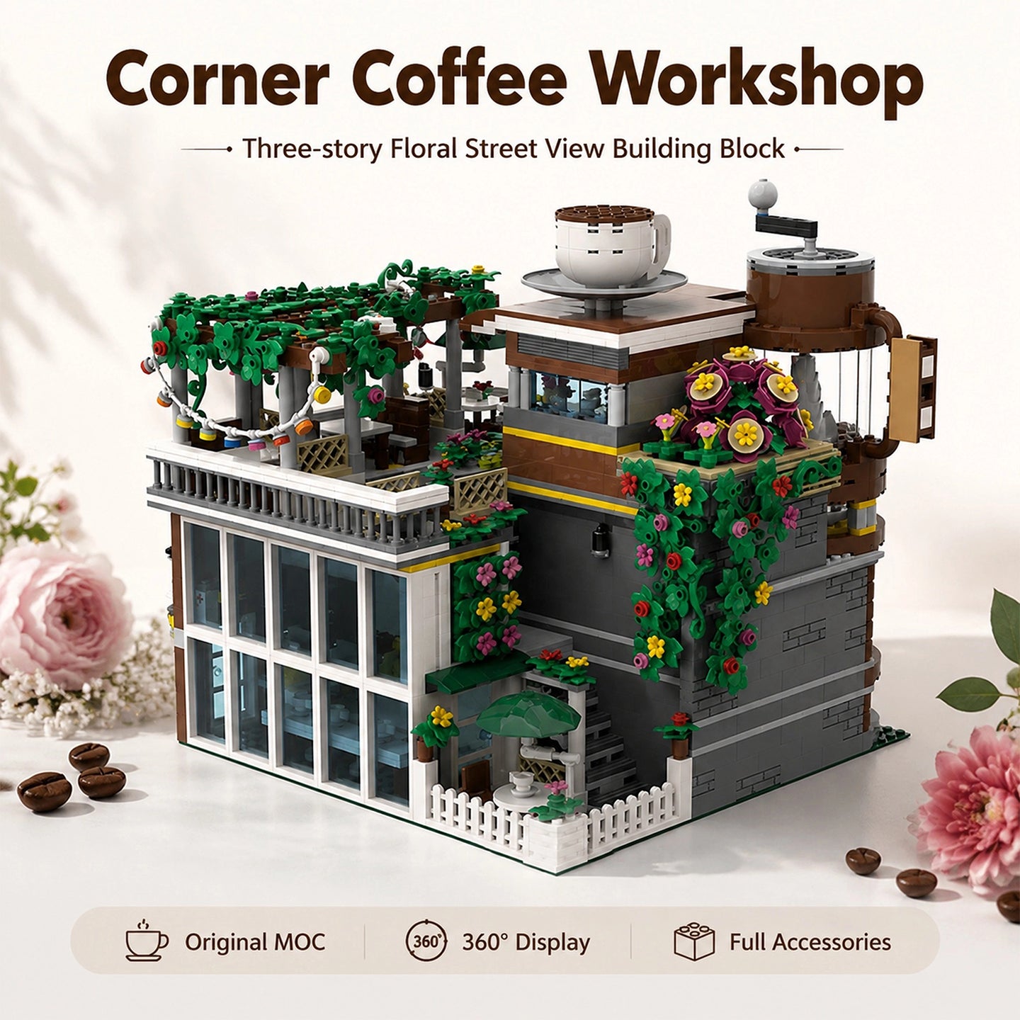 2565PCS Lego-Compatible Corner Coffee Workshop MOC Building Set | 3-Story Floral Street View