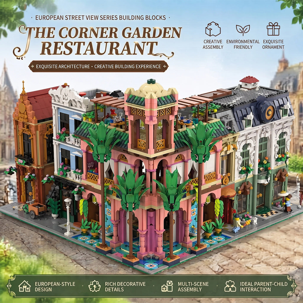 3381PCS Corner Garden Restaurant Building Set | European Street View | 100% Lego-Compatible