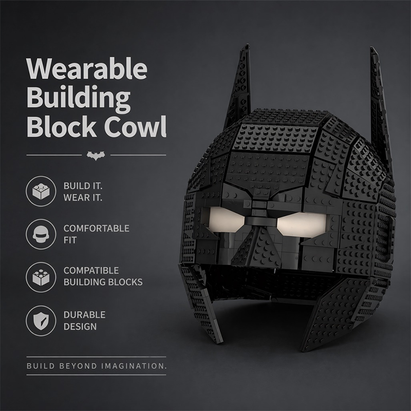 Wearable Batman Cowl Building Block Helmet | Lego Compatible Bricks | Adult Collectible Display Model