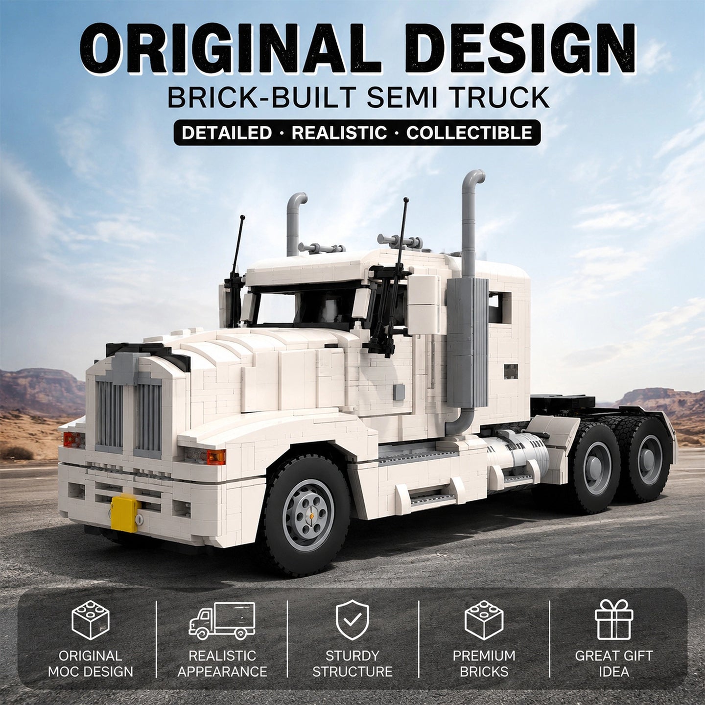 1875PCS Semi Truck Building Set, Original MOC Classic Heavy Duty Semi Truck Brick Model, Lego-Compatible Collectible Display Building Kit for Adults & Kids Ages 8+