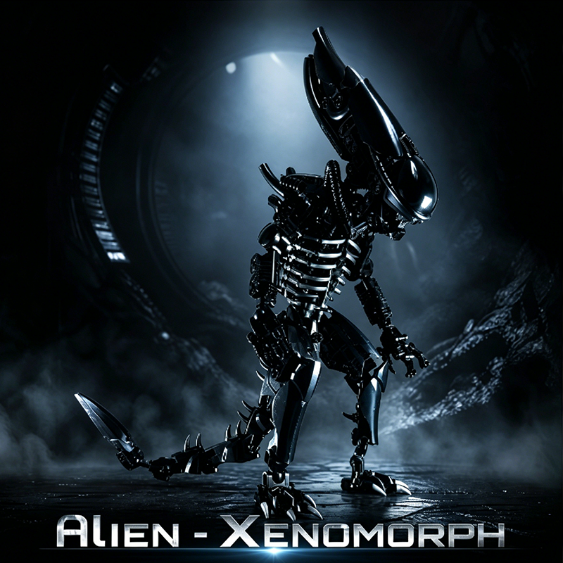 Movie Themed Alien Xenomorph Action Figure Building Kit, 16+ Collectible Display Model, Matte & Glossy Black ABS, Compatible with Lego