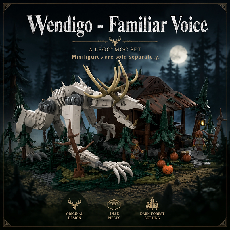 Wendigo Building Block Set, Skeletal Monster Figure with Cabin Scene, Compatible with Lego, Dark Fantasy Halloween Gift for Adults and Teens