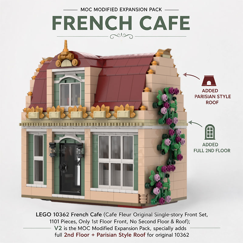 Cafe Fleur V2 Modular Building Set | 2nd Floor & Roof Expansion | Compatible with Lego
