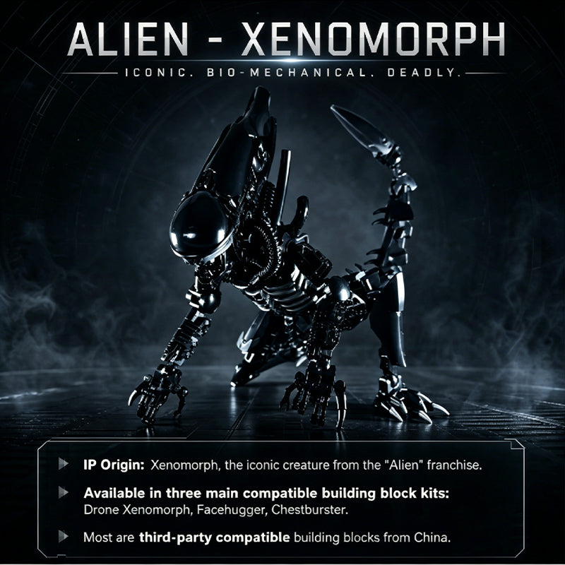Movie Themed Alien Xenomorph Action Figure Building Kit, 16+ Collectible Display Model, Matte & Glossy Black ABS, Compatible with Lego