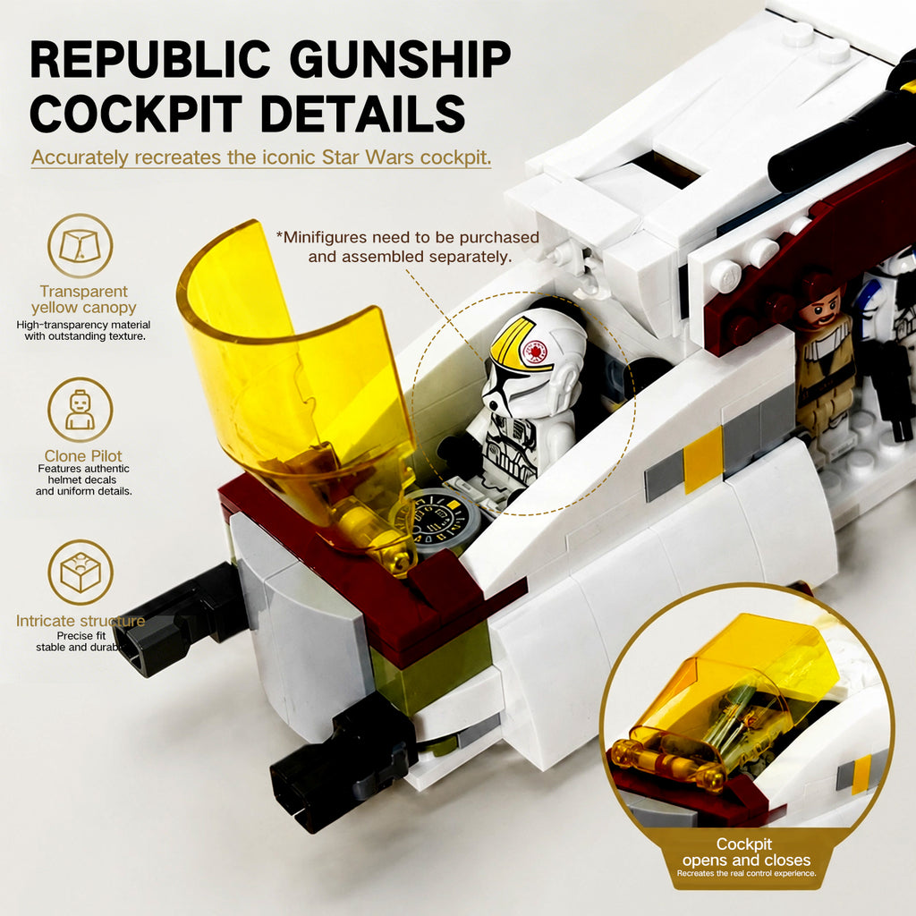 LEGO Compatible Star Wars Republic Gunship MOC Building Set, Movie-Accurate Clone Wars Gunship with Movable Wings & Opening Cargo Door, Collectible Star Wars Building Blocks Toy for Adults Kids 8+