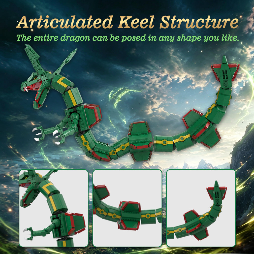 1889PCS Sky Sovereign Rayquaza Articulated Building Block Model | Lego-Compatible Collectible Dragon Brick Set | Epic Desktop Display for Adults & Kids 8+