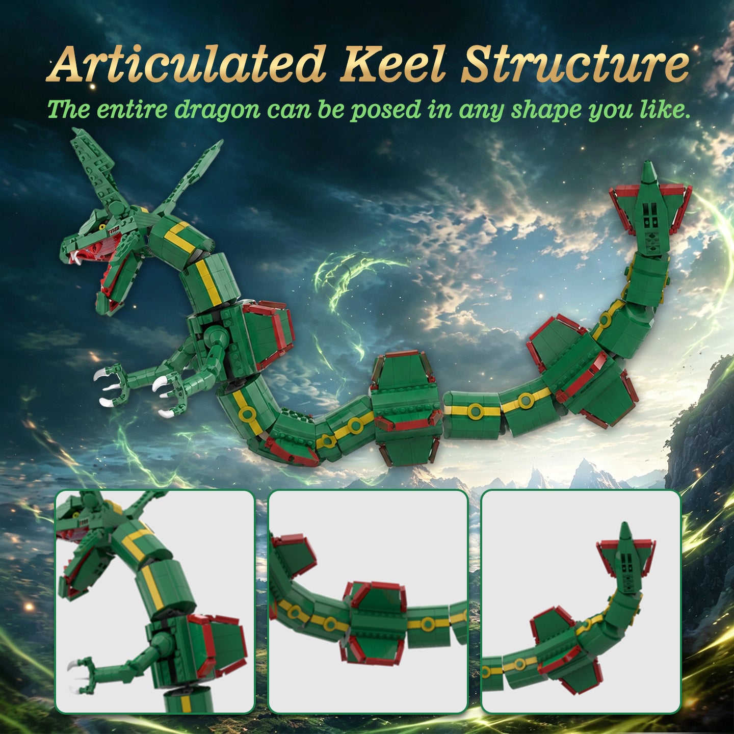 1889PCS Sky Sovereign Rayquaza Articulated Building Block Model | Lego-Compatible Collectible Dragon Brick Set | Epic Desktop Display for Adults & Kids 8+