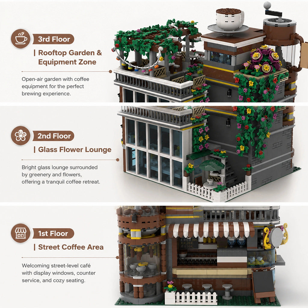 2565PCS Lego-Compatible Corner Coffee Workshop MOC Building Set | 3-Story Floral Street View