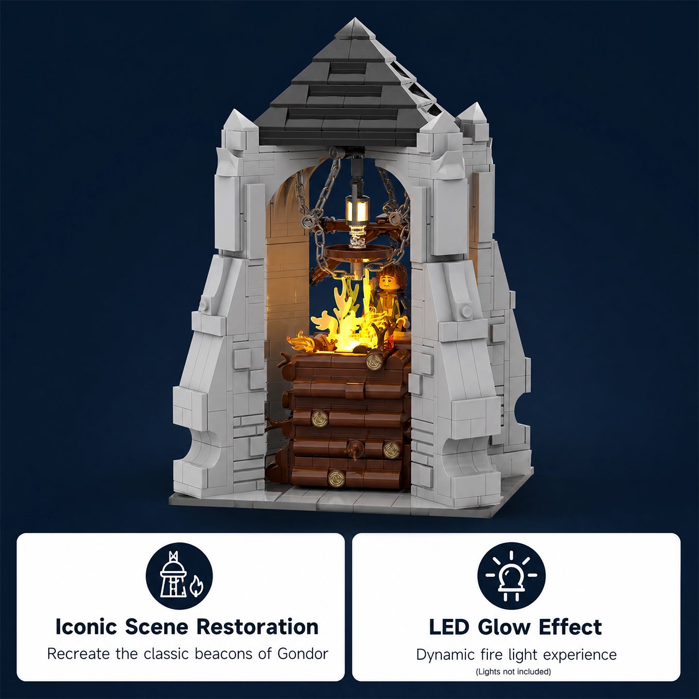 Beacon of Gondor MOC Building Set with LED Light - Lord of the Rings Pippin's Courage - 1238 Pieces - Compatible with LEGO
