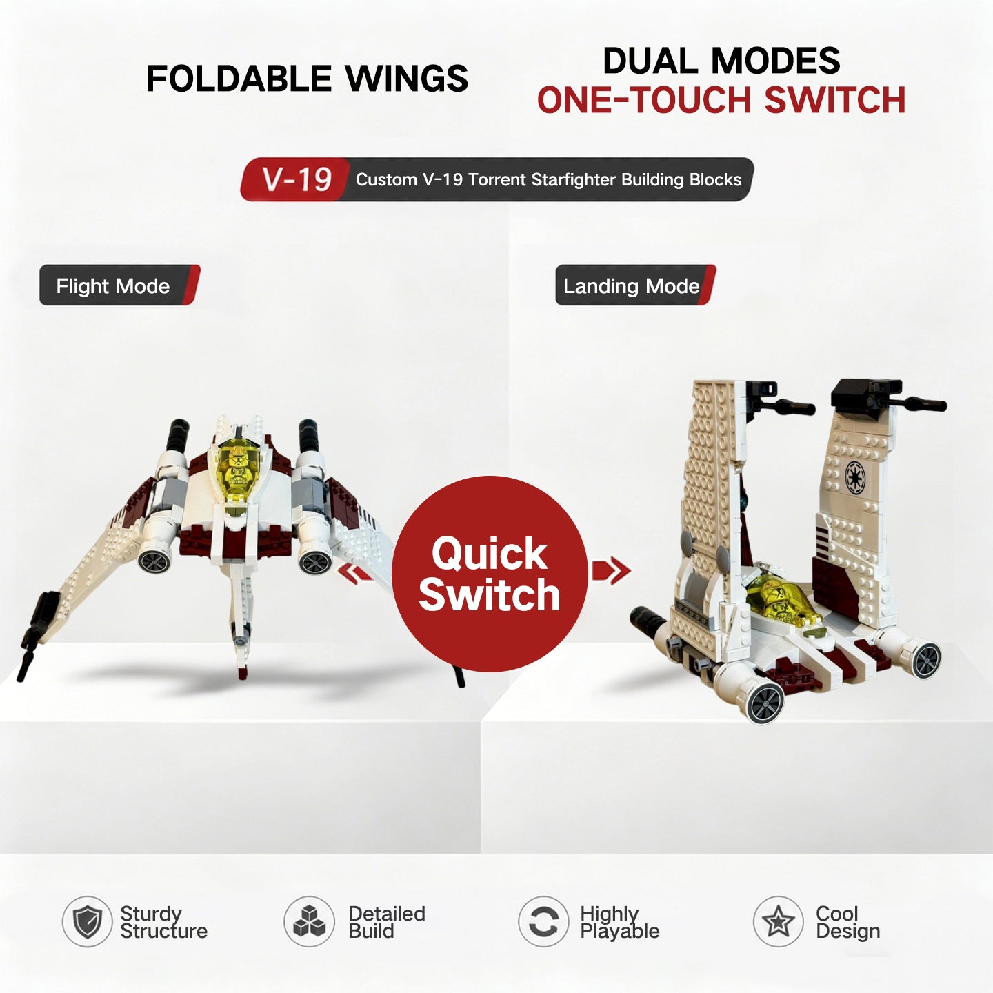 V-19 Torrent Starfighter Building Blocks - Compatible with Lego Star Wars, Dual Flight/Landing Modes