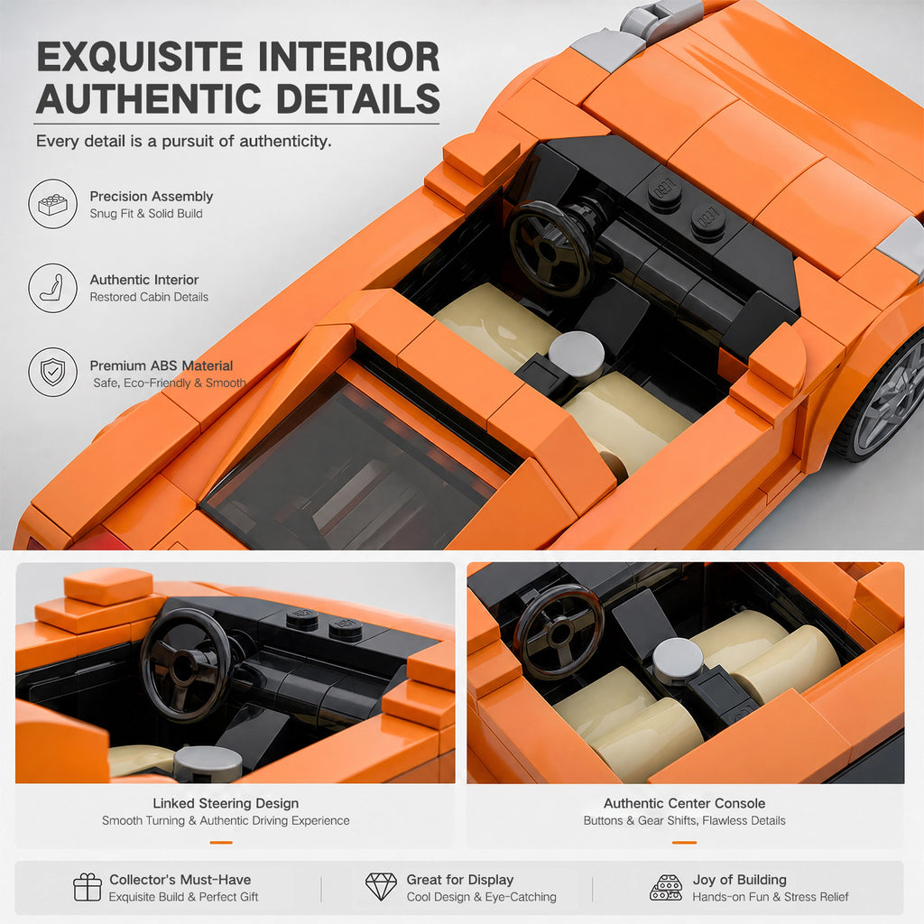 Orange Lamborghini Gallardo Building Blocks Car, Lego-Compatible Sports Car Model Kit with Interior Details