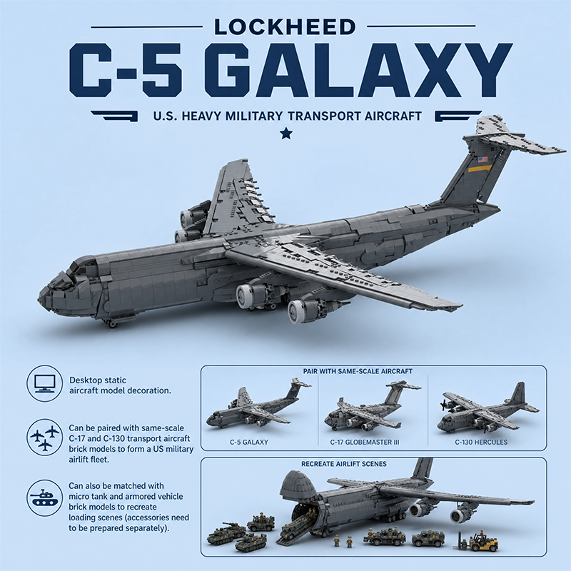 Lockheed C-5 Galaxy Strategic Transport Aircraft MOC Building Set | Military Plane Model Compatible with Lego Bricks