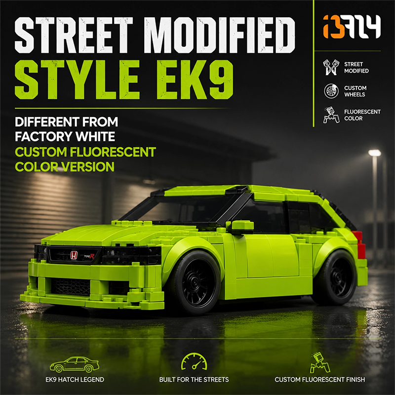 77237 Honda Civic EK9 Type R Building Block Set, Custom Fluorescent Green Street Modified Style, 273 Pieces, Compatible with Lego Bricks, Collectible JDM Car Model for Adults and Teens
