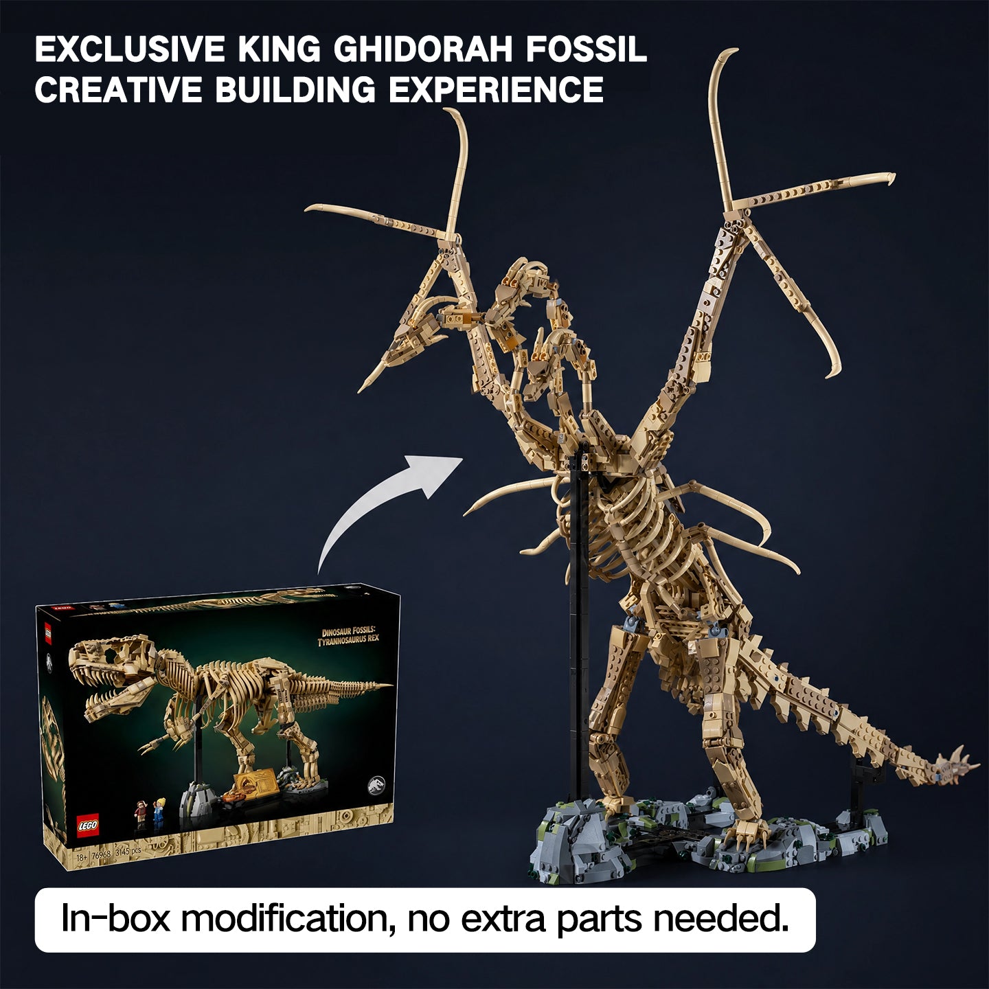 King Ghidorah Fossil Building Set, 2200 PCS 76968 Alternate Build MOC Model, 100% Compatible with LEGO Bricks, Collectible Dinosaur Skeleton Toy for Adults 8+