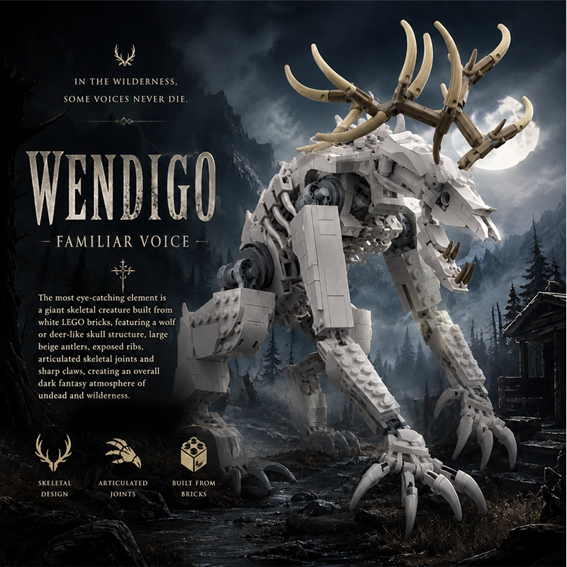 Wendigo Building Block Set, Skeletal Monster Figure with Cabin Scene, Compatible with Lego, Dark Fantasy Halloween Gift for Adults and Teens