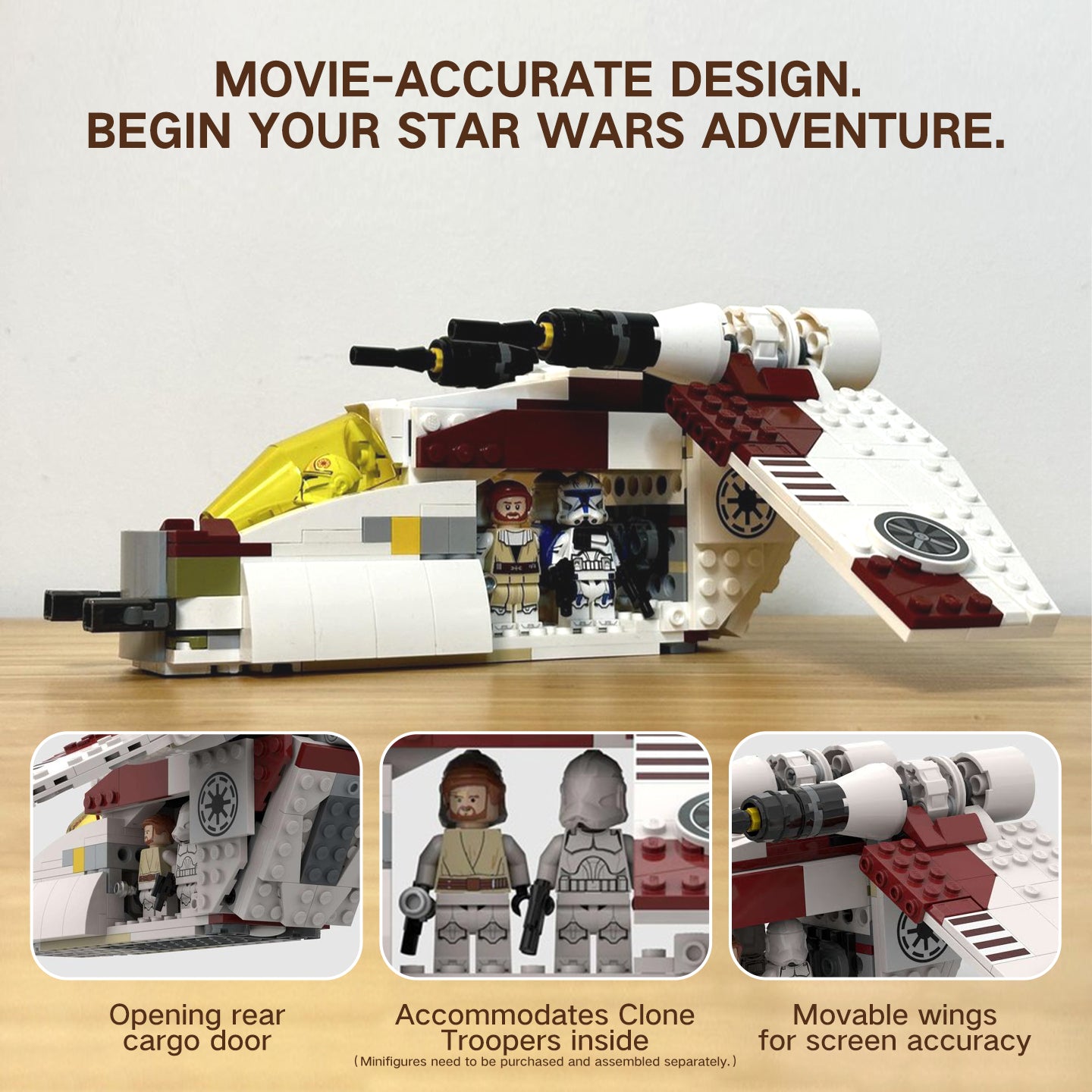 LEGO Compatible Star Wars Republic Gunship MOC Building Set, Movie-Accurate Clone Wars Gunship with Movable Wings & Opening Cargo Door, Collectible Star Wars Building Blocks Toy for Adults Kids 8+