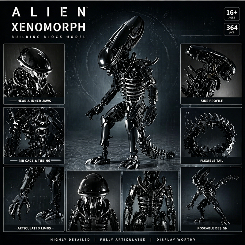 Movie Themed Alien Xenomorph Action Figure Building Kit, 16+ Collectible Display Model, Matte & Glossy Black ABS, Compatible with Lego