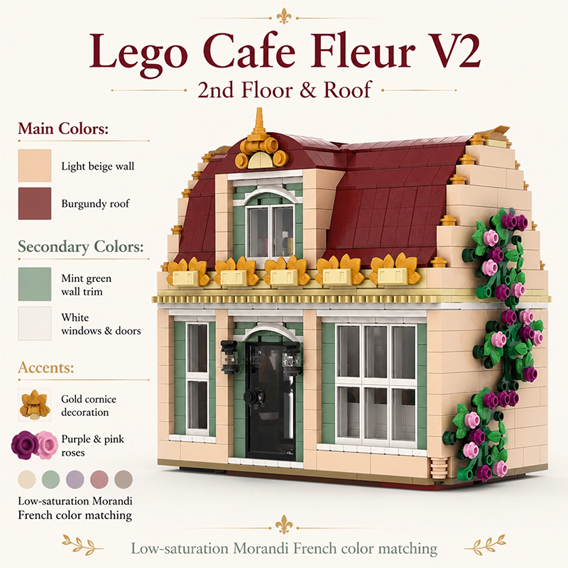 Cafe Fleur V2 Modular Building Set | 2nd Floor & Roof Expansion | Compatible with Lego