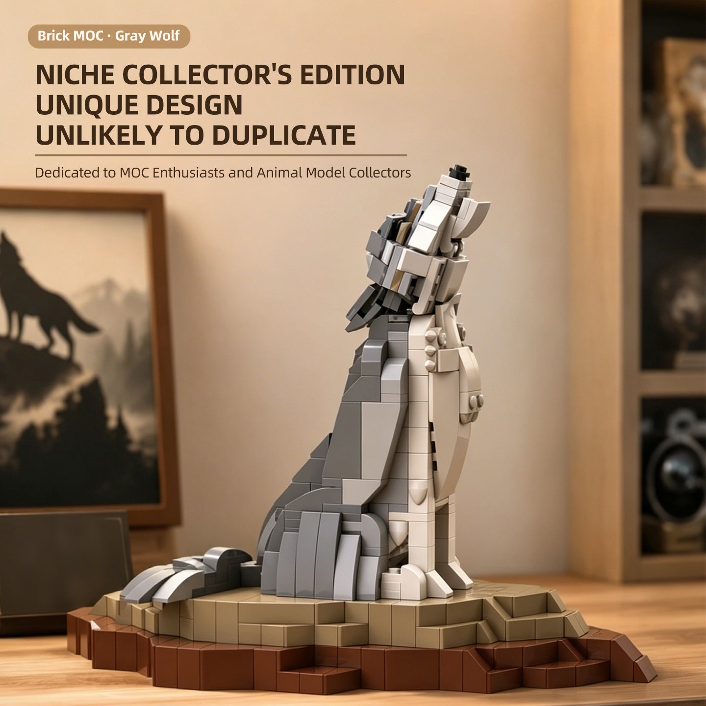 Howling Gray Wolf Building Blocks Set - Collectible Animal Model Kit for Adults & Teens, Unique Home Decor & Gift Idea