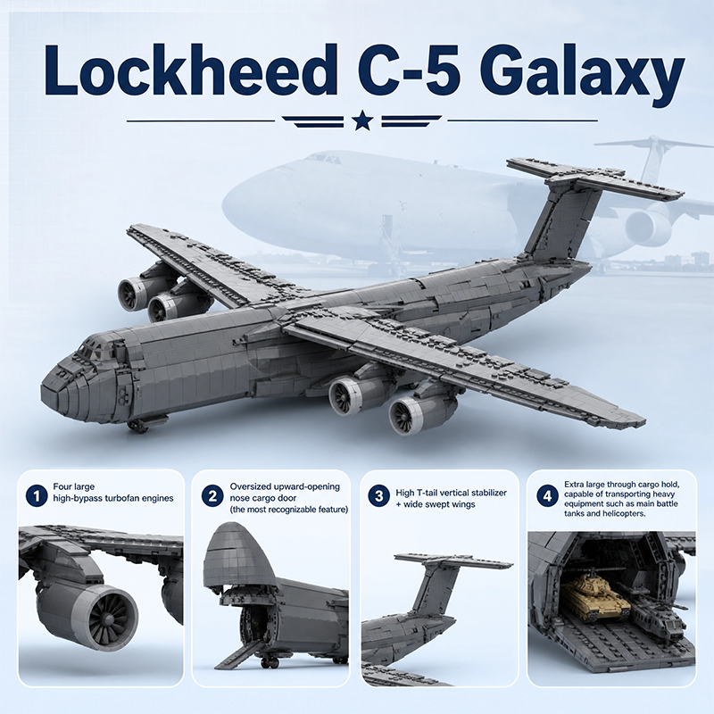 Lockheed C-5 Galaxy Strategic Transport Aircraft MOC Building Set | Military Plane Model Compatible with Lego Bricks