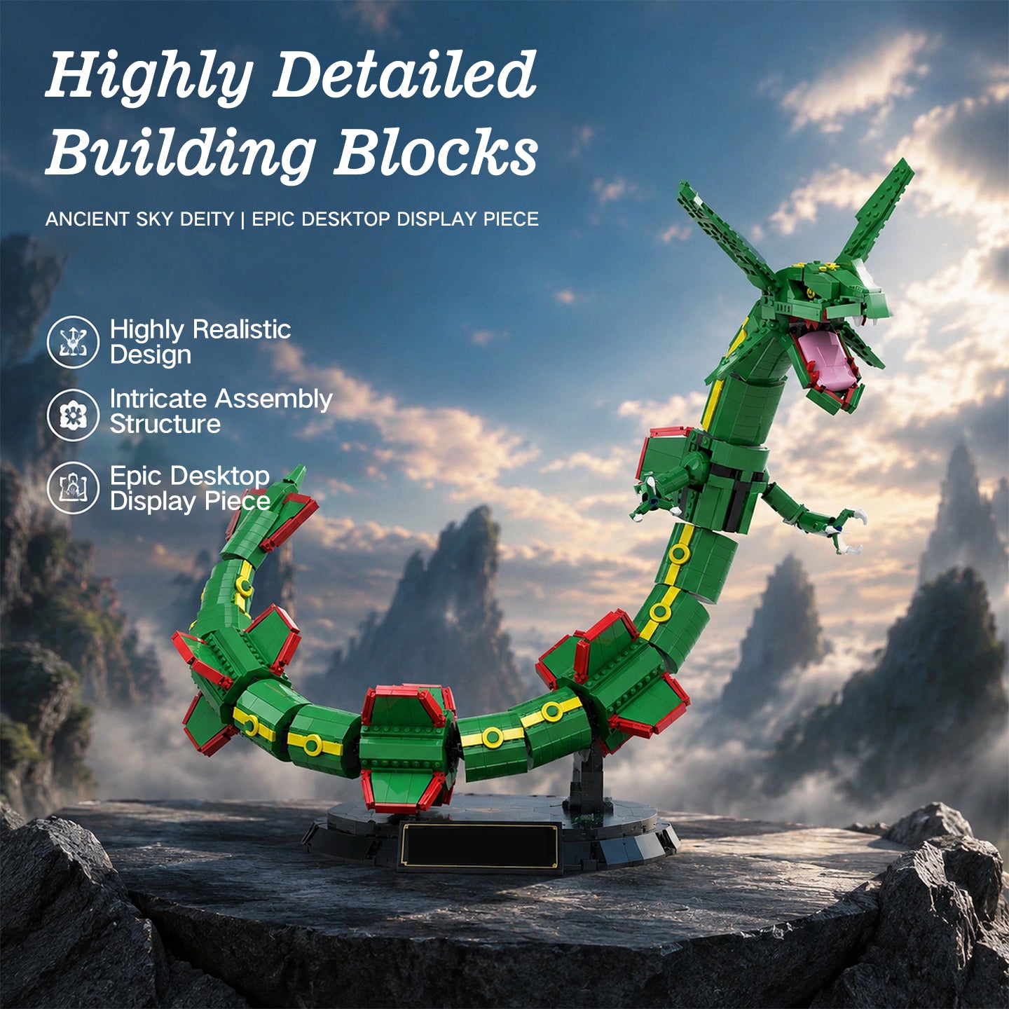 1889PCS Sky Sovereign Rayquaza Articulated Building Block Model | Lego-Compatible Collectible Dragon Brick Set | Epic Desktop Display for Adults & Kids 8+