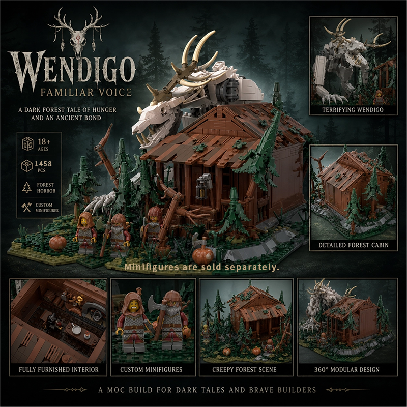 Wendigo Building Block Set, Skeletal Monster Figure with Cabin Scene, Compatible with Lego, Dark Fantasy Halloween Gift for Adults and Teens