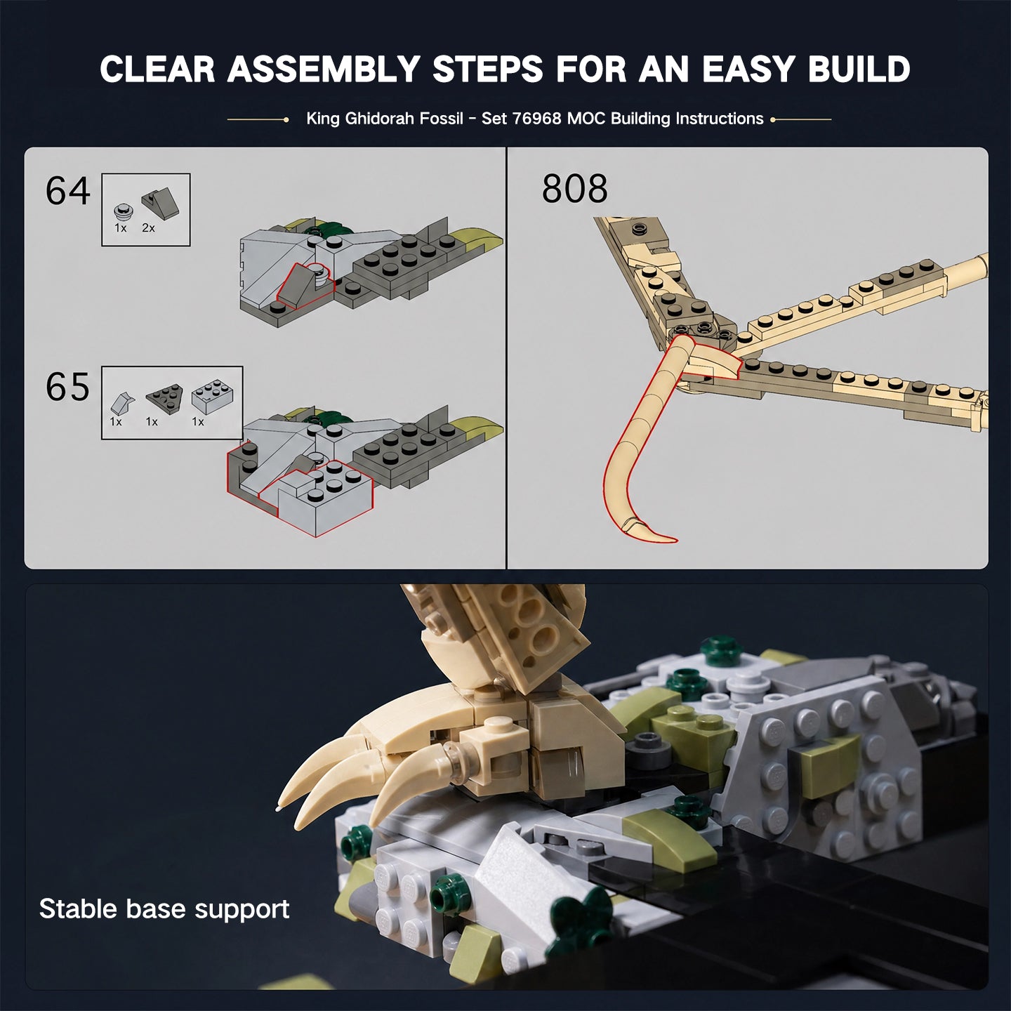 King Ghidorah Fossil Building Set, 2200 PCS 76968 Alternate Build MOC Model, 100% Compatible with LEGO Bricks, Collectible Dinosaur Skeleton Toy for Adults 8+