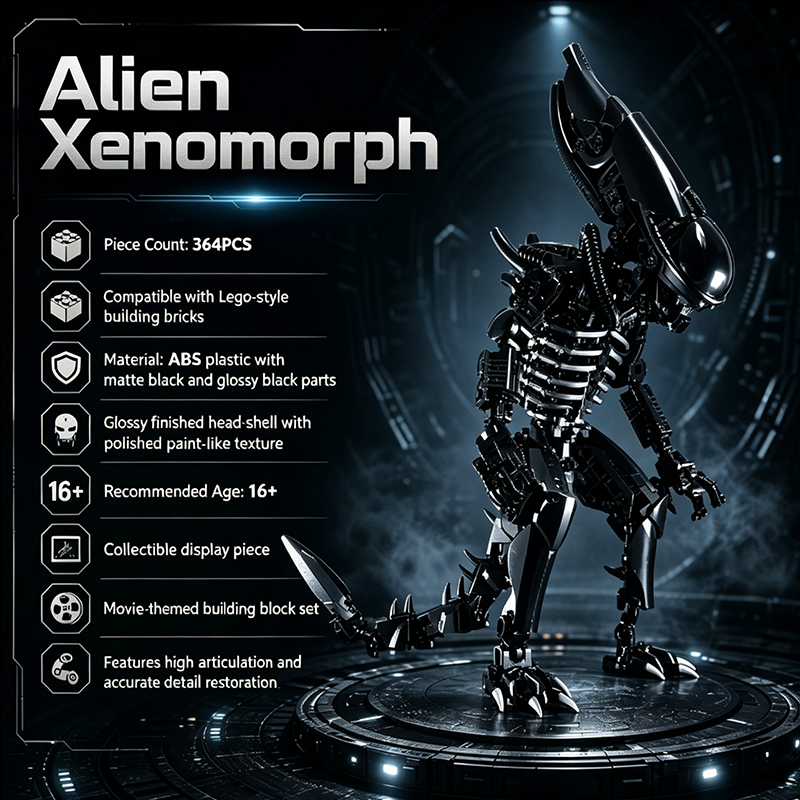 Movie Themed Alien Xenomorph Action Figure Building Kit, 16+ Collectible Display Model, Matte & Glossy Black ABS, Compatible with Lego