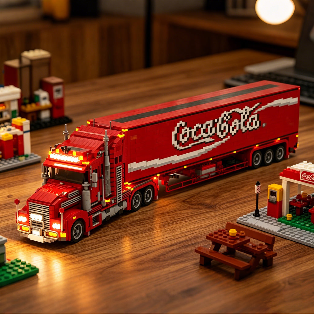 3592PCS Coca-Cola Semi Truck Building Kit | Lego-Compatible LED Light Up Collectible Display Model