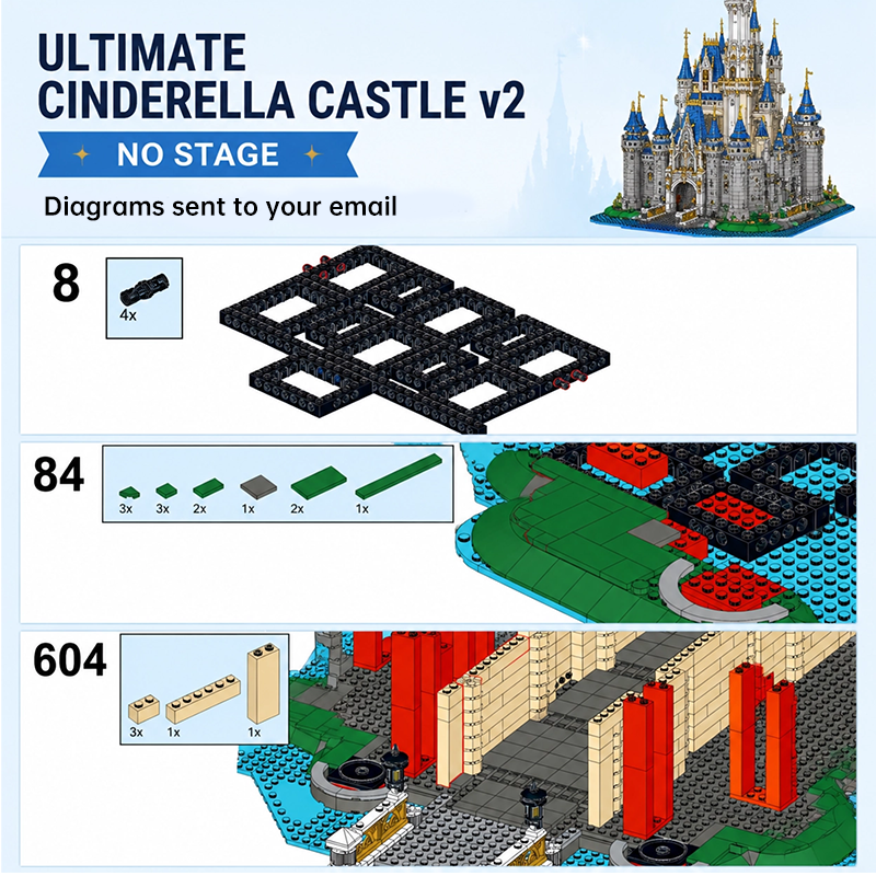 Ultimate Cinderella Castle V2 Building Set | 9573 PCS | Fully Compatible with LEGO 43222 Disney Castle | Upgraded Modification for Adults and Collectors