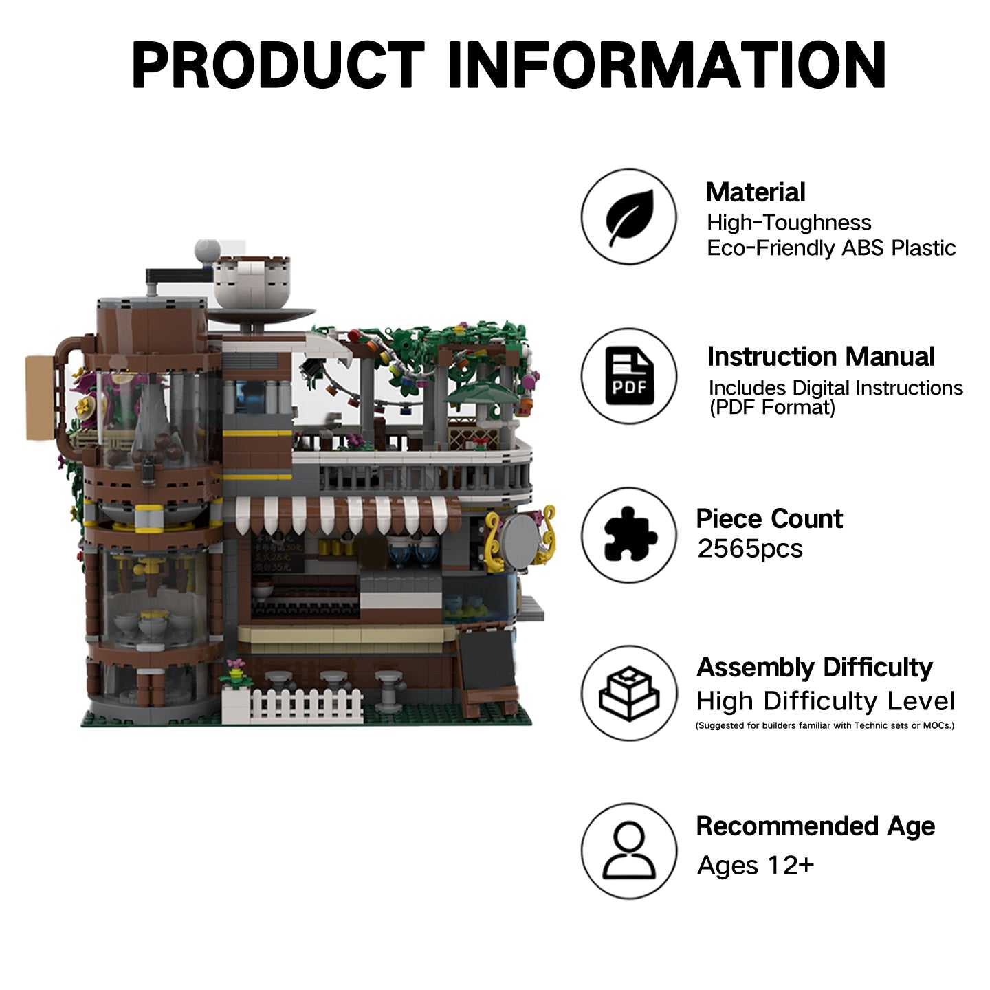 2565PCS Lego-Compatible Corner Coffee Workshop MOC Building Set | 3-Story Floral Street View