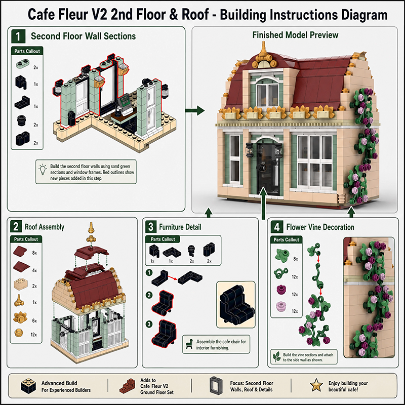 Cafe Fleur V2 Modular Building Set | 2nd Floor & Roof Expansion | Compatible with Lego