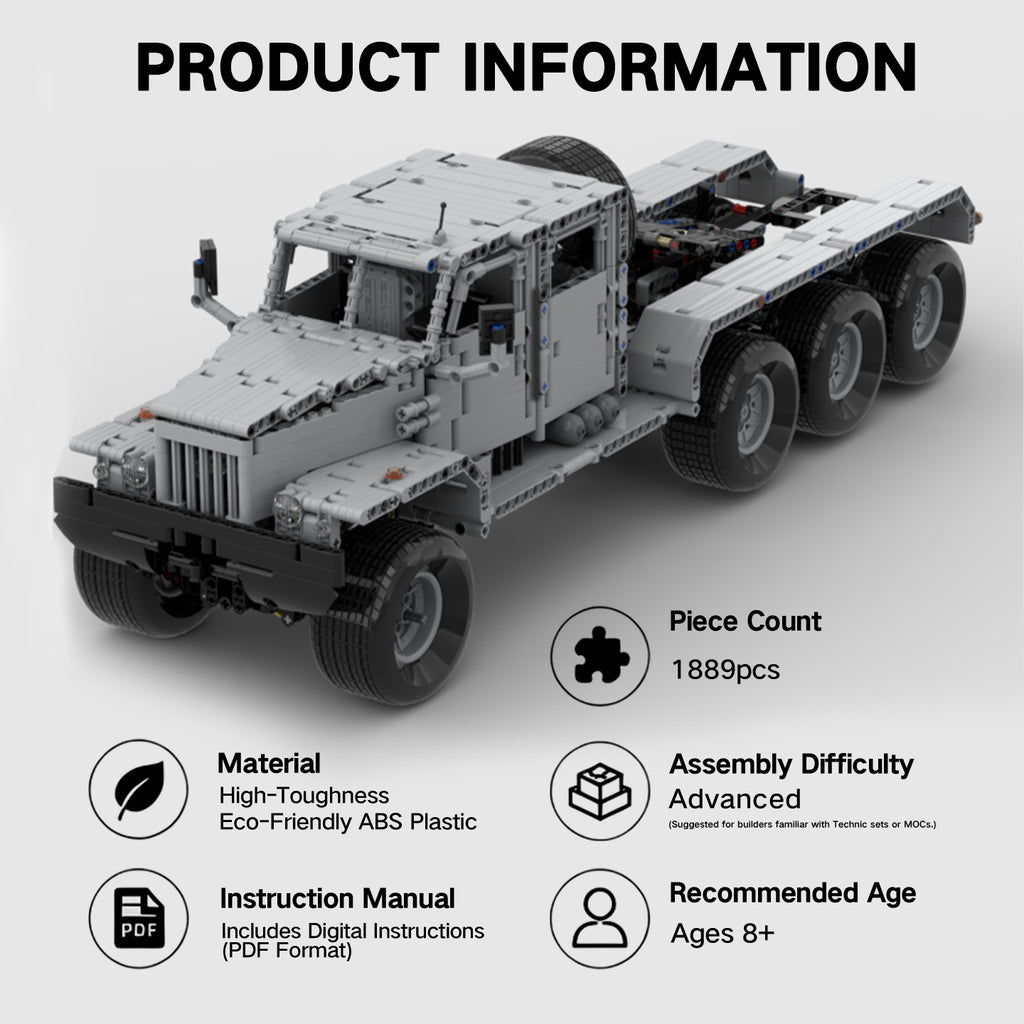 1889PCS MOC Heavy Duty Military Transport Truck Building Set, Technical Mechanical Bricks Kit, Compatible with Lego Bricks, Advanced Construction Toy for Ages 8+