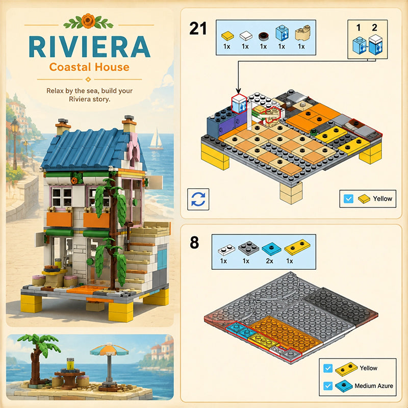 Riviera Coastal House Building Blocks Set | 100% Compatible with Lego Bricks | Creative Beach Themed Construction Toy for Kids & Adults