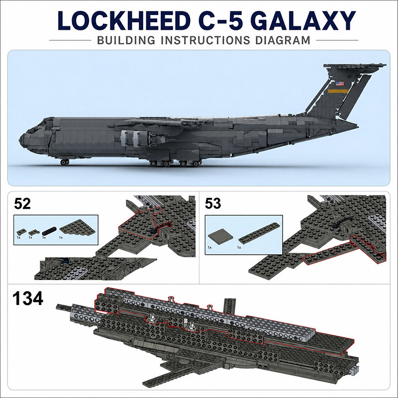 Lockheed C-5 Galaxy Strategic Transport Aircraft MOC Building Set | Military Plane Model Compatible with Lego Bricks