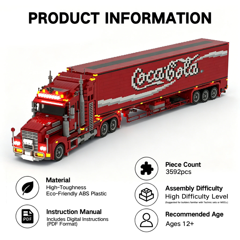 3592PCS Coca-Cola Semi Truck Building Kit | Lego-Compatible LED Light Up Collectible Display Model