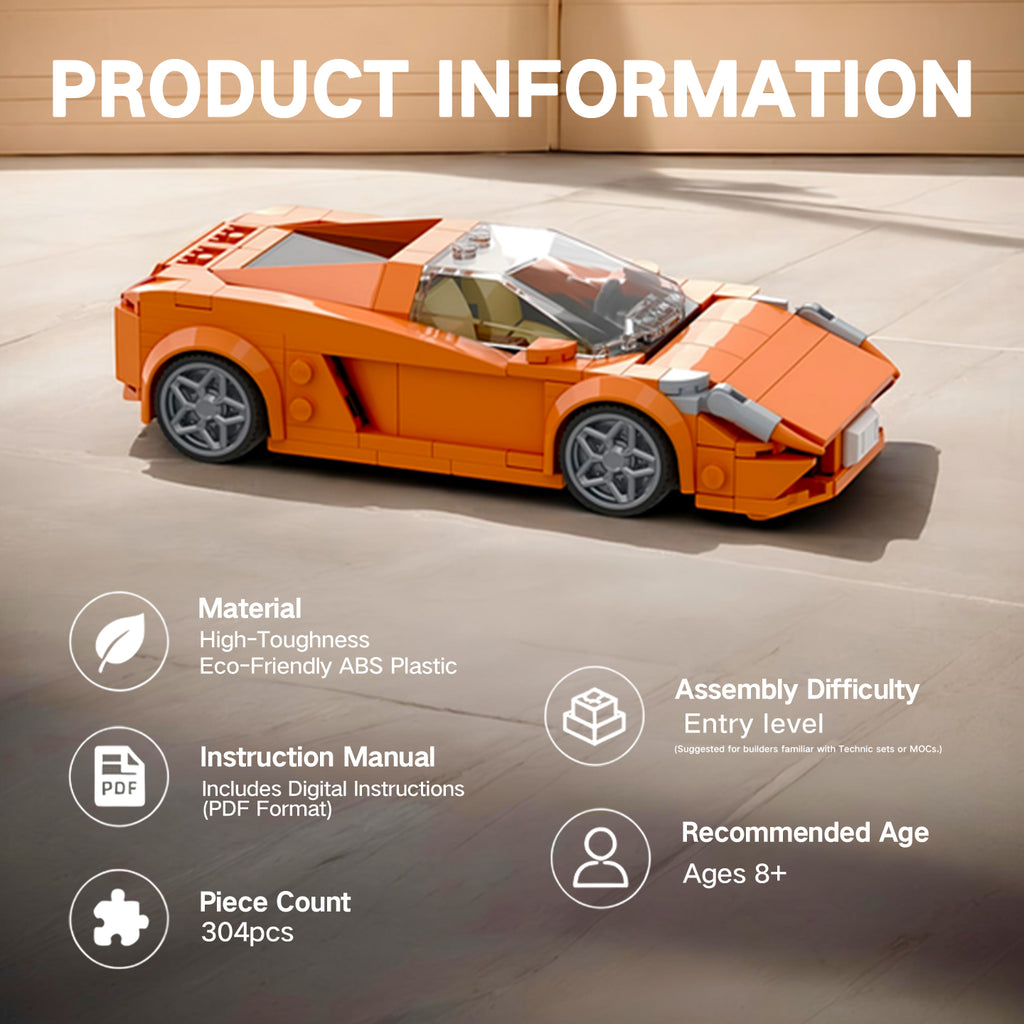 Orange Lamborghini Gallardo Building Blocks Car, Lego-Compatible Sports Car Model Kit with Interior Details