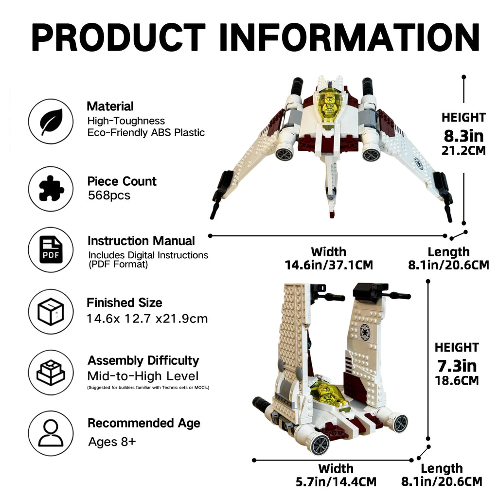 V-19 Torrent Starfighter Building Blocks - Compatible with Lego Star Wars, Dual Flight/Landing Modes