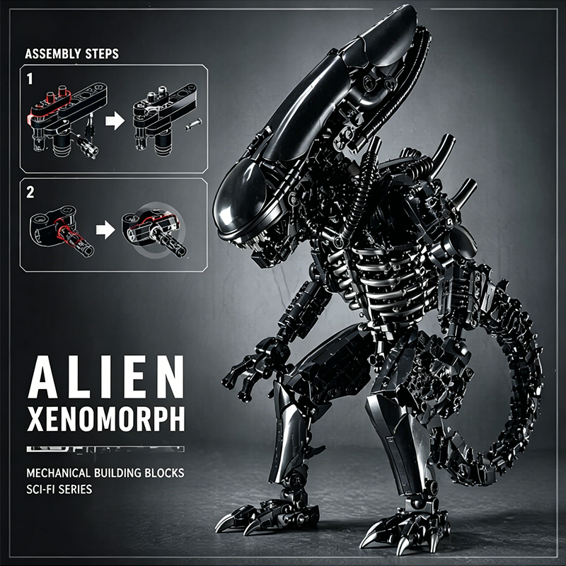 Movie Themed Alien Xenomorph Action Figure Building Kit, 16+ Collectible Display Model, Matte & Glossy Black ABS, Compatible with Lego