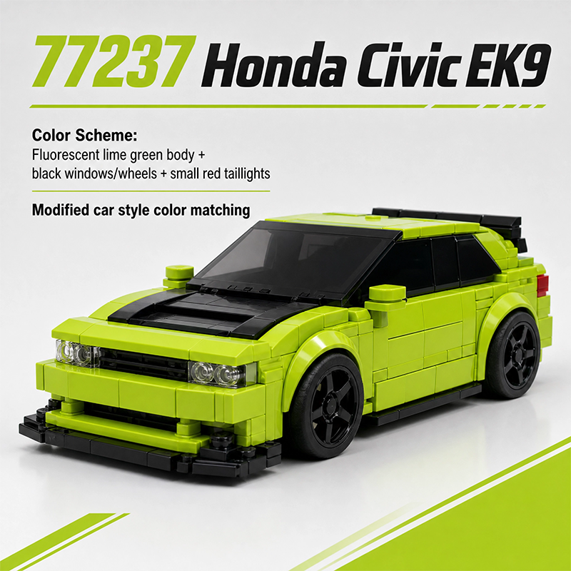 77237 Honda Civic EK9 Type R Building Block Set, Custom Fluorescent Green Street Modified Style, 273 Pieces, Compatible with Lego Bricks, Collectible JDM Car Model for Adults and Teens