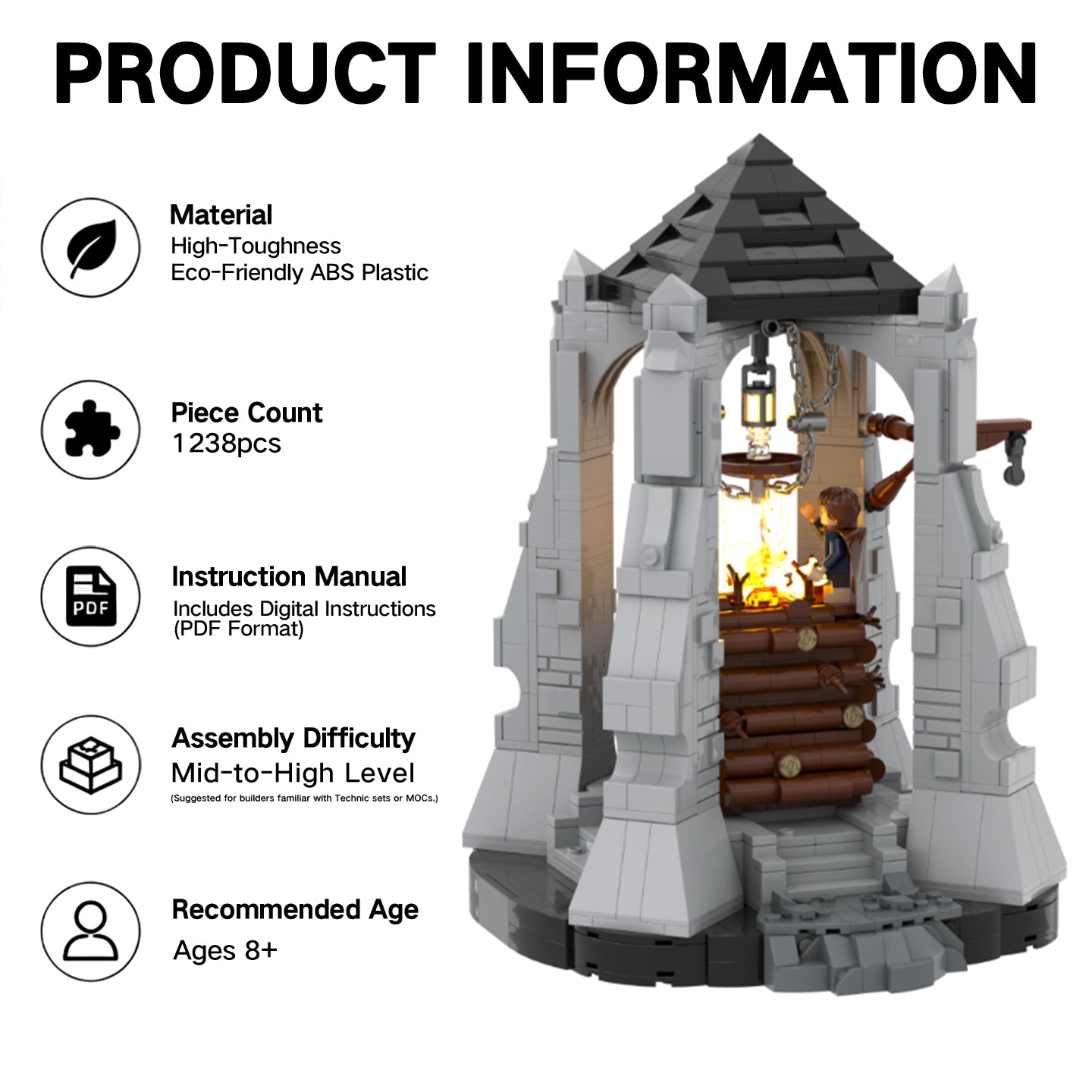 Beacon of Gondor MOC Building Set with LED Light - Lord of the Rings Pippin's Courage - 1238 Pieces - Compatible with LEGO
