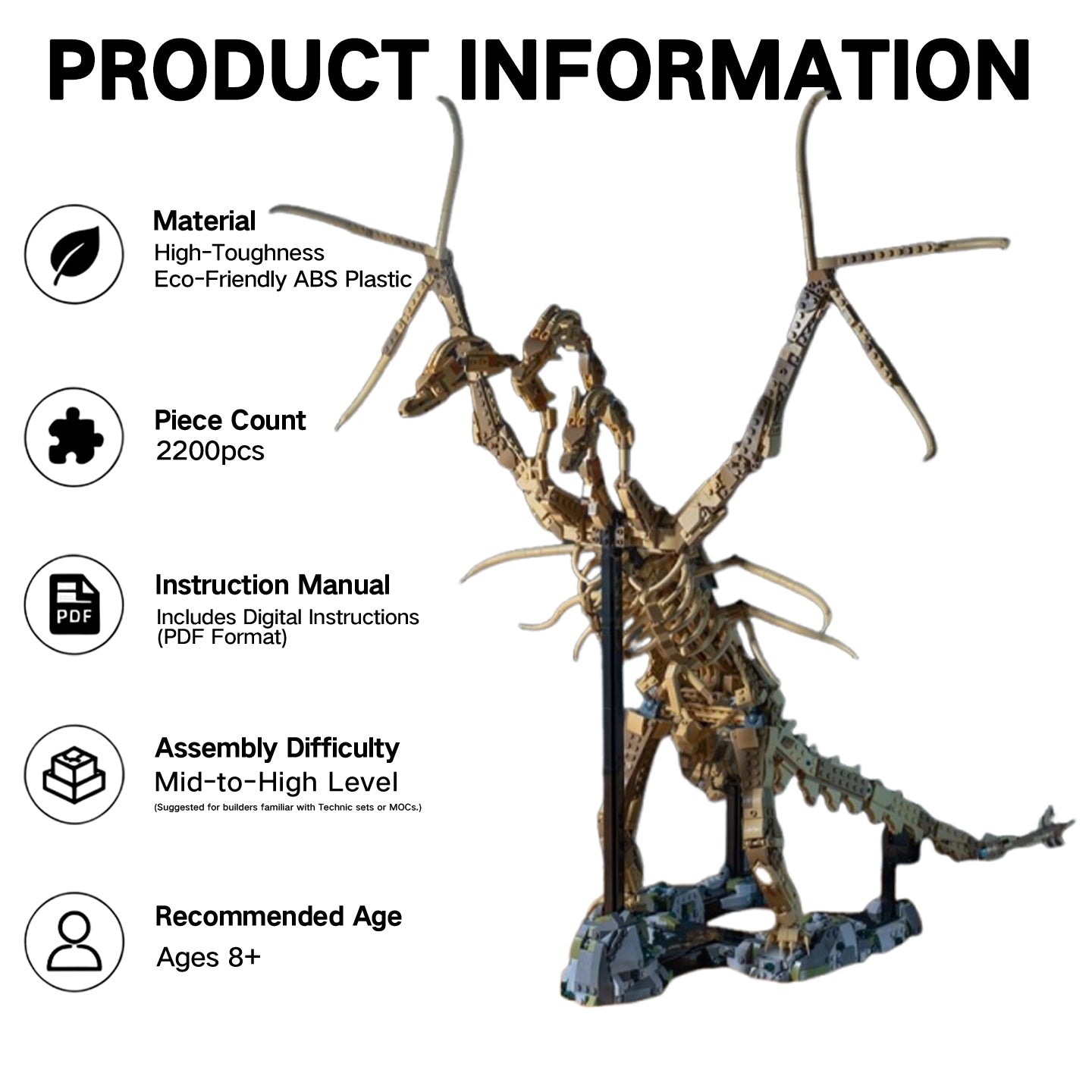 King Ghidorah Fossil Building Set, 2200 PCS 76968 Alternate Build MOC Model, 100% Compatible with LEGO Bricks, Collectible Dinosaur Skeleton Toy for Adults 8+