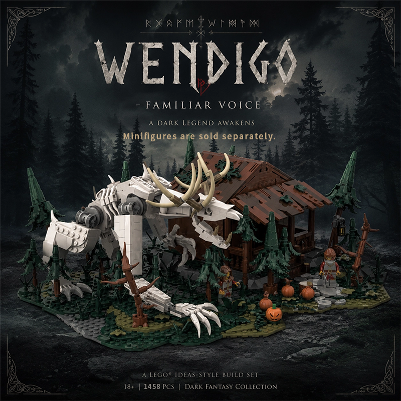Wendigo Building Block Set, Skeletal Monster Figure with Cabin Scene, Compatible with Lego, Dark Fantasy Halloween Gift for Adults and Teens