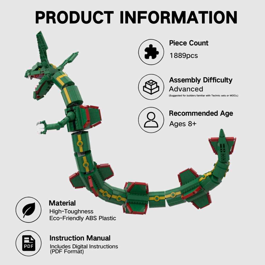 1889PCS Sky Sovereign Rayquaza Articulated Building Block Model | Lego-Compatible Collectible Dragon Brick Set | Epic Desktop Display for Adults & Kids 8+
