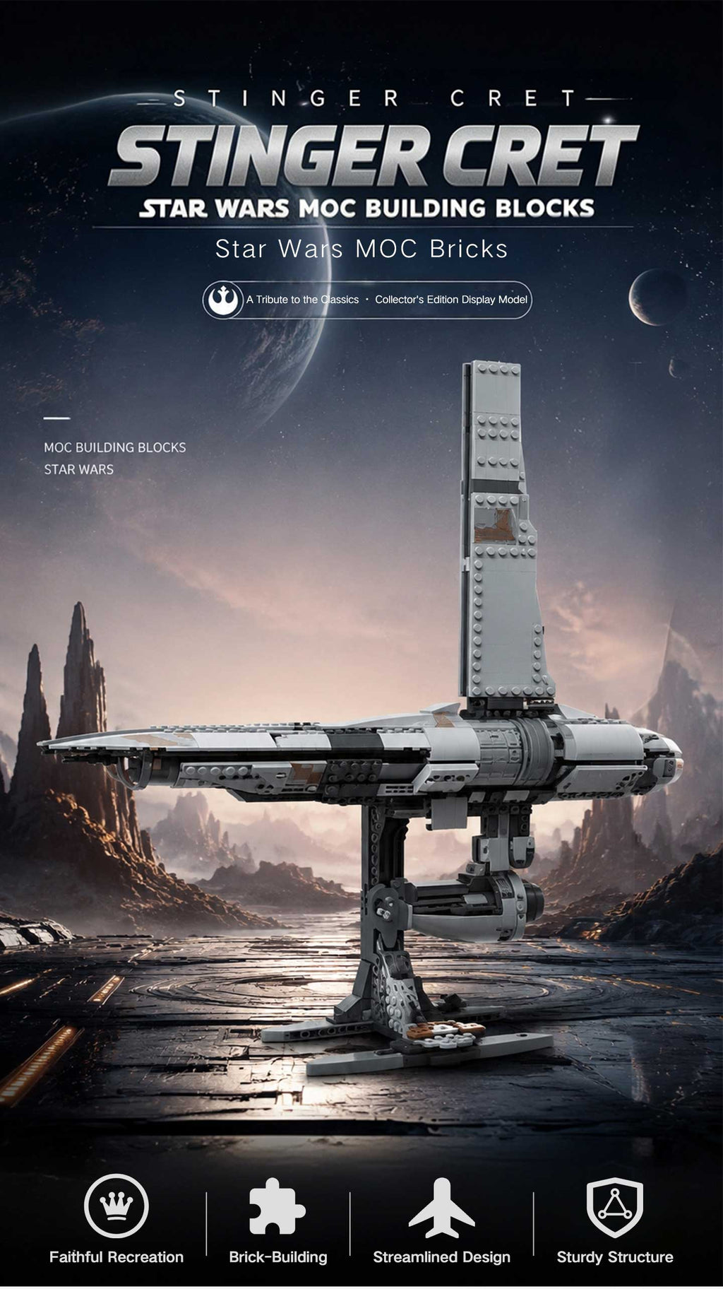 Stinger Mantis Starship Building Blocks - 719 PCS Sci-Fi Spaceship Model Kit, Collectible Display Toy for Star Wars Jedi Fans, Compatible with Major Brands