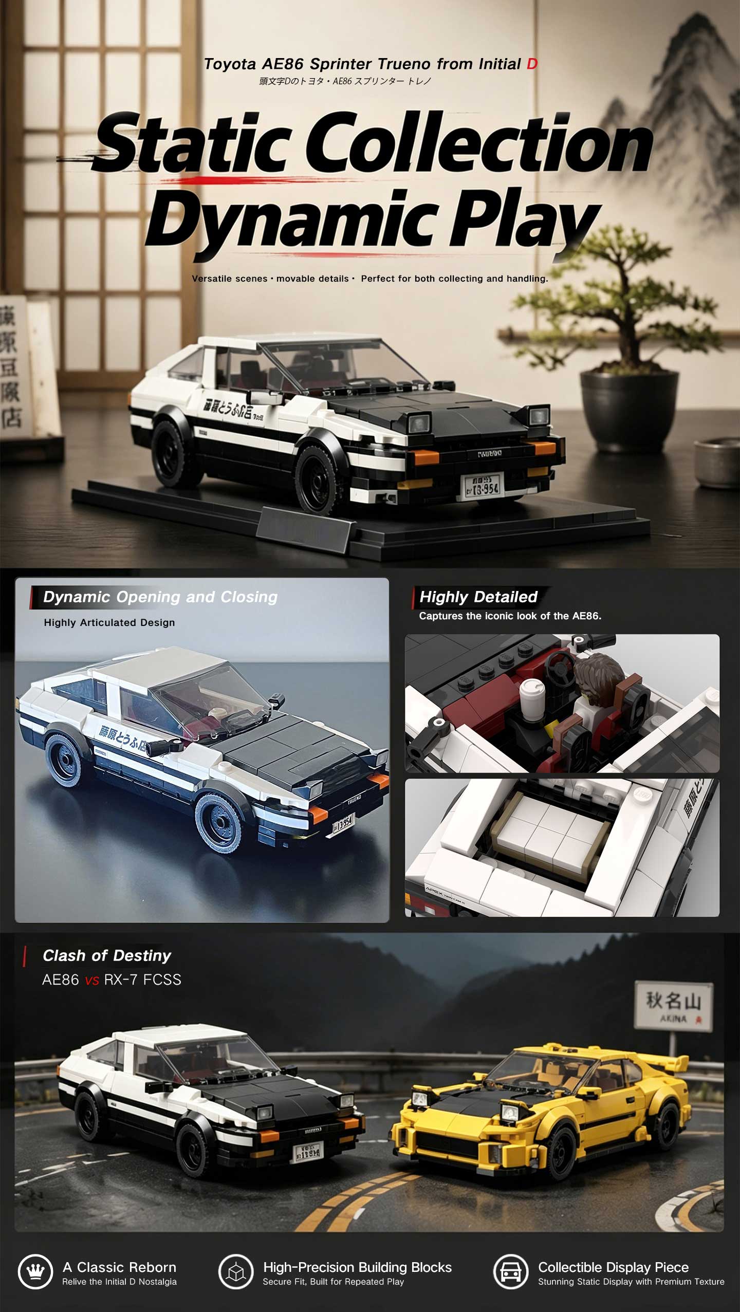 Initial D Toyota AE86 Building Block Car Model with Display Case, DIY Assemble Bricks Set for Adults & Kids, Collectible Anime Drift Car Toy